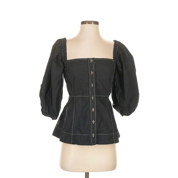 Ganni Slate Top Black Puff Sleeves Size 36 Button Front Blouse %100 Cotton - Picture 3 of 9